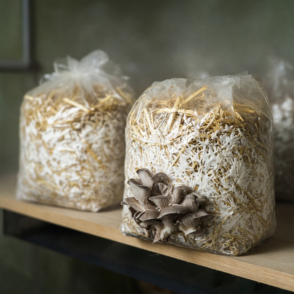 Bolsas de cultivo con micelio blanco extendiéndose por la paja