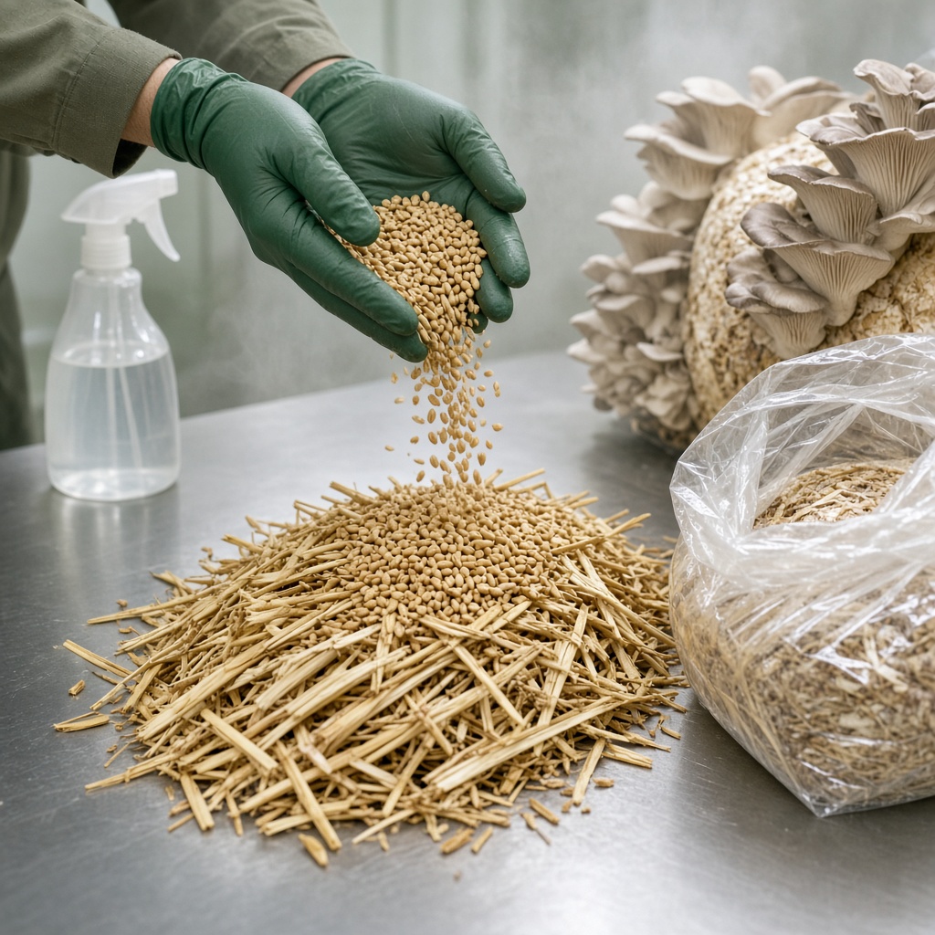Manos con guantes esparcen semilla de grano sobre paja pasteurizada