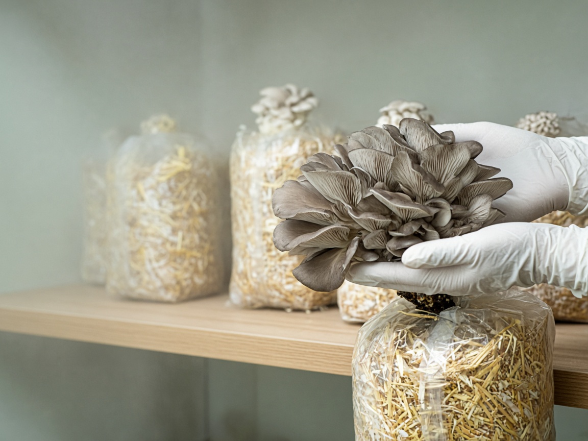 Manos con guantes sostienen un racimo de setas orellanas que crece de una bolsa de cultivo