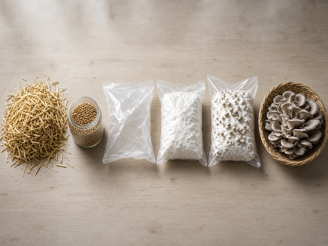 Etapas del cultivo ordenadas sobre una mesa, de la paja a la cosecha